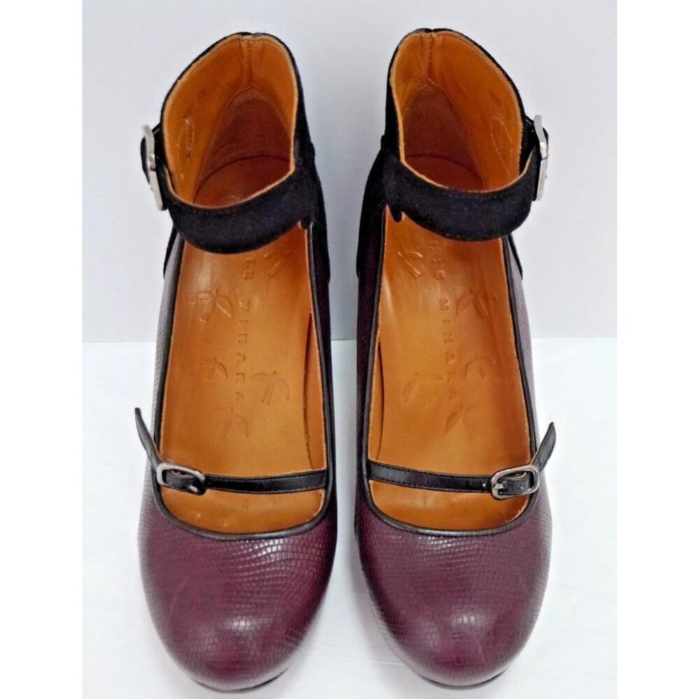 NEW Chie Mihara Shoes Mod Mary Jane Pumps Suede Leather Heels SZ 37.5 Burgundy - Picture 5 of 8